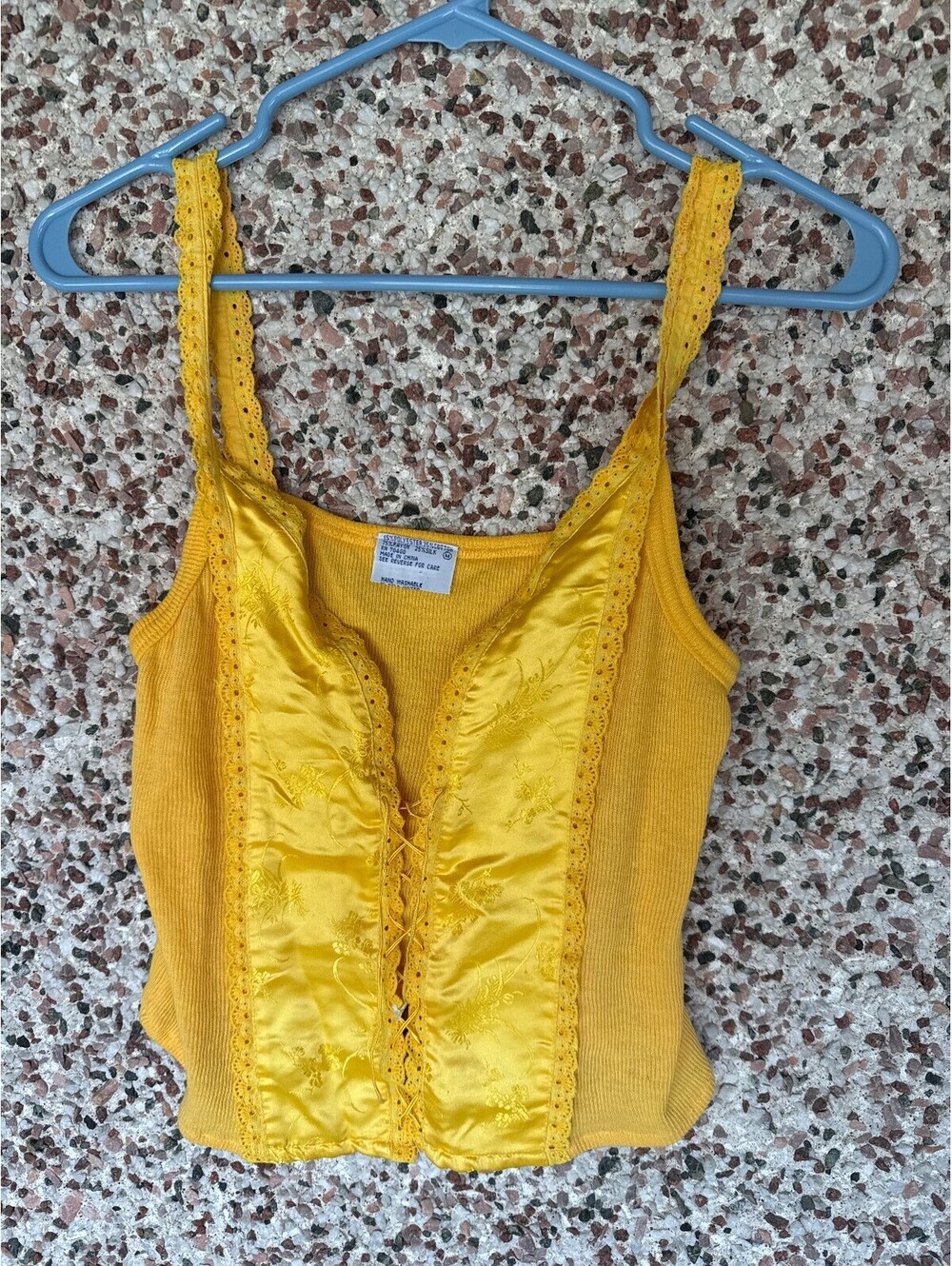 Y2K Yellow Ribbed Corset Lace Up Tank Top Satin Panel Size M